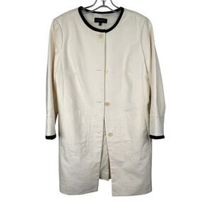 Talbots Cream Textured Coat Size 12 Black Trim Longline Coat Classic Minimalist